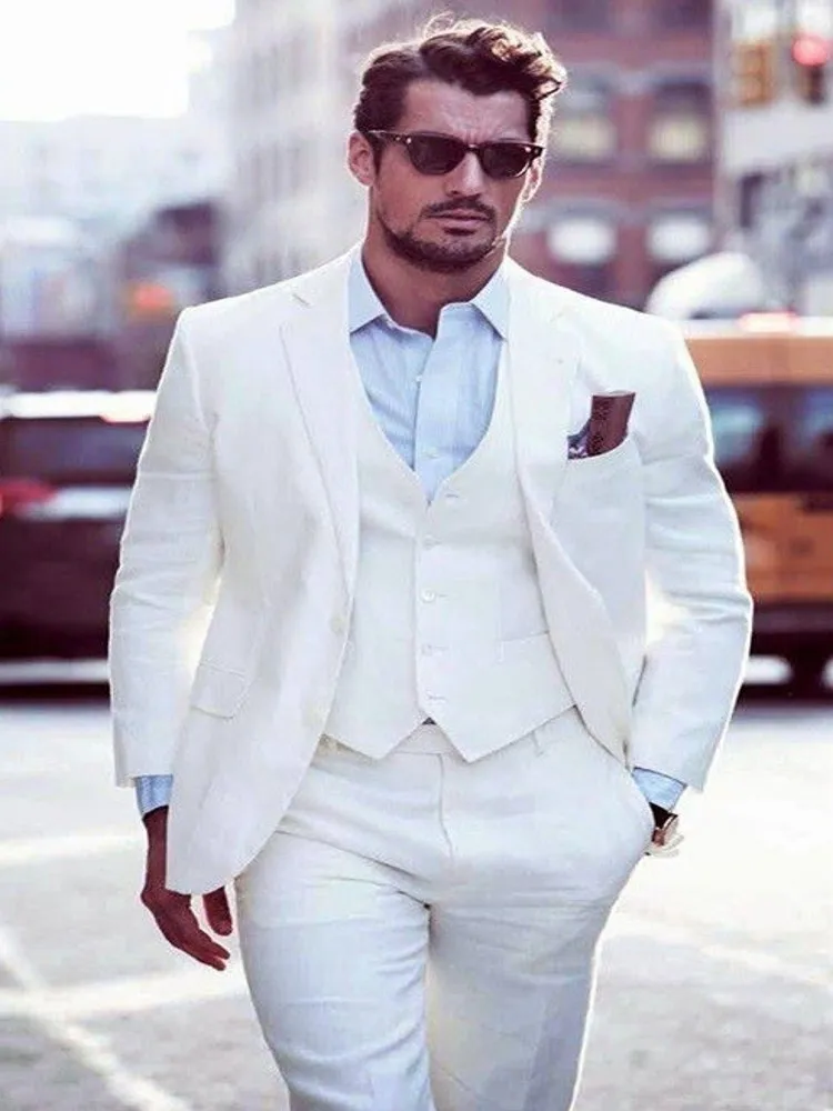 Mens Linen Beach Suit Wedding Groom Prom Slim Fit Party 3 Pieces Suits