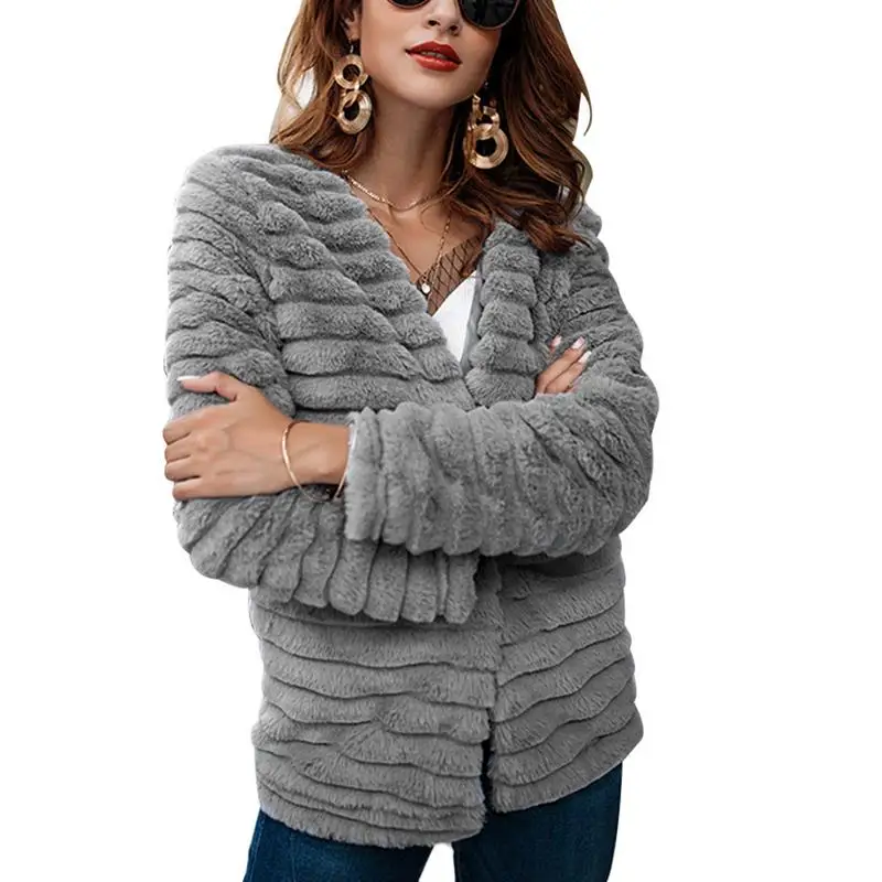 

Winter Thick Warm Long-Sleeved Fur Coat For Women Gray Color Outerwear Faux Fur Cardigan Top Jacket Casual Party Overcoat