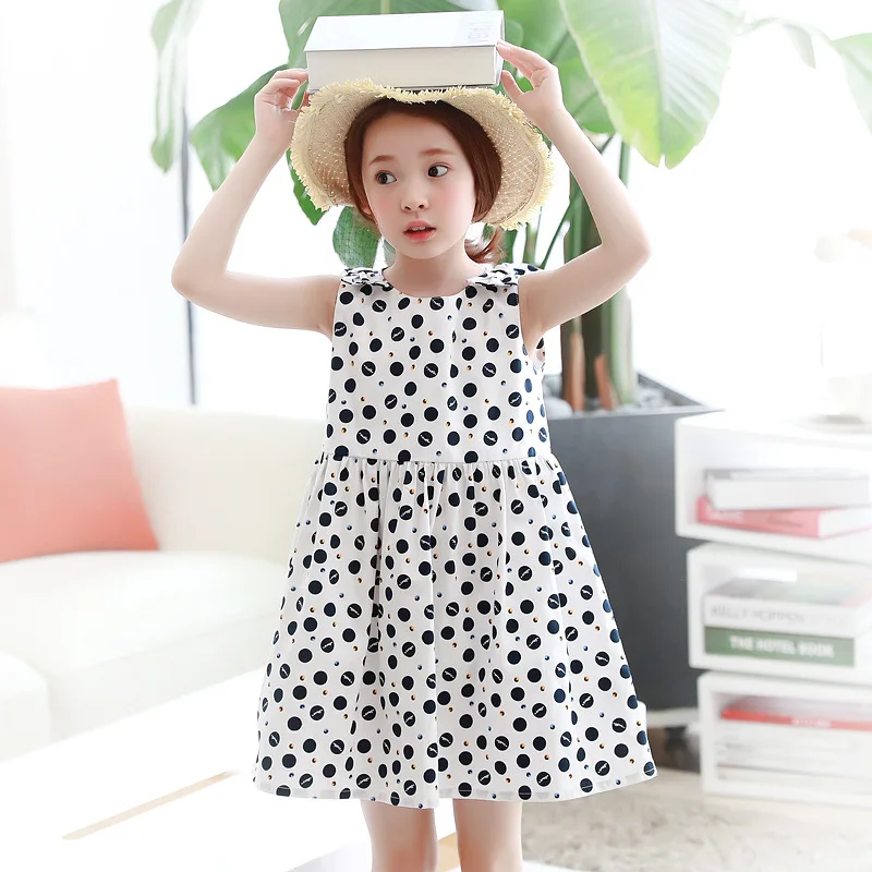

2019 Summer New Korean Style Children Sleeveless Dresses White Cotton Cute Small Dot Dress Big Girls Party Holiday Dress