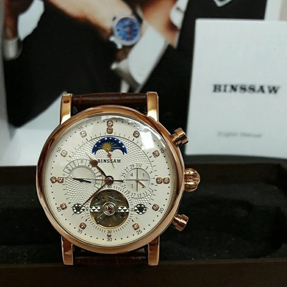 BINSSAW Мужские механические часы Топ Элитный бренд мода Tourbillon из натуральной кожи мужские спортивные часы Relógio masculino