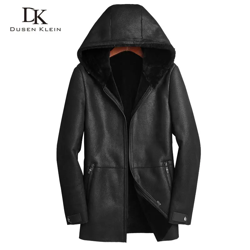 

Dusen Klein Men leather jacket Original ecology sheepskin winter hooded thick long wool warm cold fur leather coat 71E1625