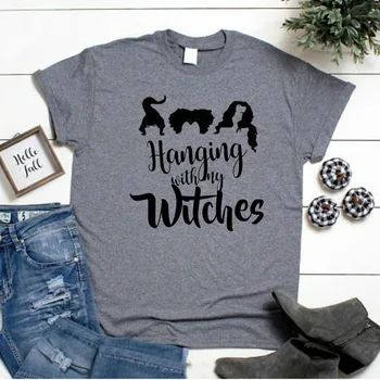 

ONSEME Halloween T Shirt Women O-neck Short Sleeve White T-shirt Hanging With my Witches Letter Printed Women's Tee Shirt Q-761