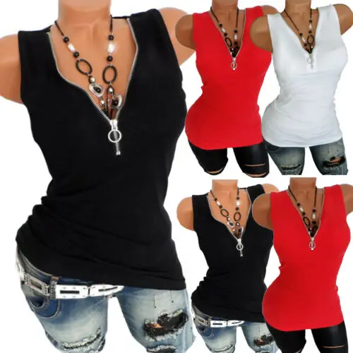 

2019 Womens Summer Sleeveless Vest Tank T Shirt Blouse Ladies Zipper Rhinestones Tops