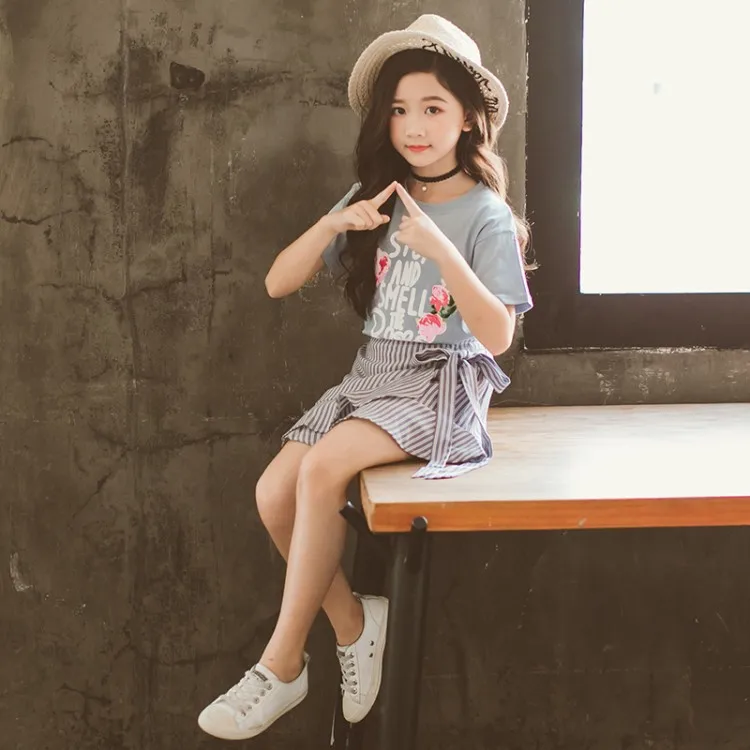 2019 Summer Children Clothing Set For Teenage Girls Fashion Letter Flower Tshirt Ruffles Skirt 2Pcs Kids Clothes Suit 10 12 Year (17)