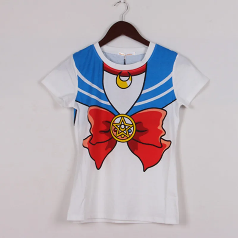 

Plus Size Oversized Japan Student Sailor Collar Uniform Moon Red Bow Stripe 3D Print Cotton T shirt Kawaii Manga Cosplay T-shirt