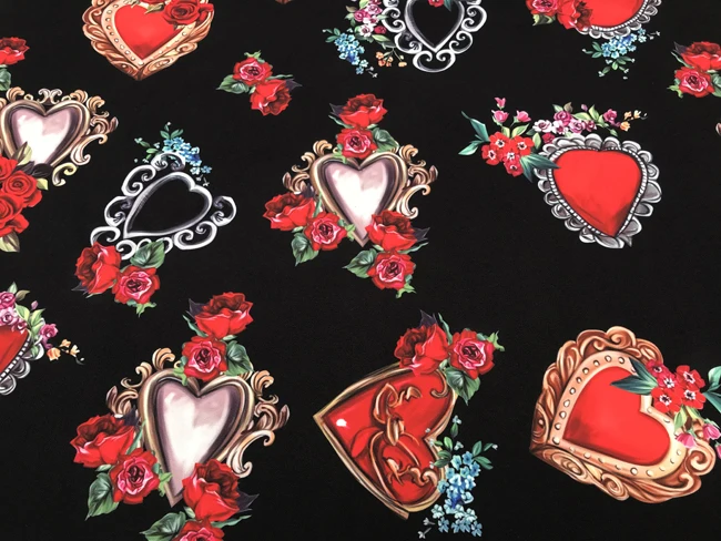145 см ширина Священное Сердце и цветы розы черный стрейч полиэстер ткань для женщин летнее платье юбка швейная DIY-AF797