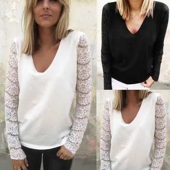 

Fashion Women Autumn Loose Casual Long Sleeve Blouses Tops Lace Sleeves V-Neck Tops Blouse Pullovers