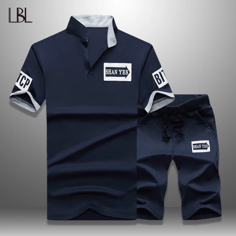 

LBL Fashion Summer Set Men 2019 Mens Tracksuit Casual Shirts + Shorts Sets Letter Print Slim Fit 2 Piece Man Brand Clothing 4XL