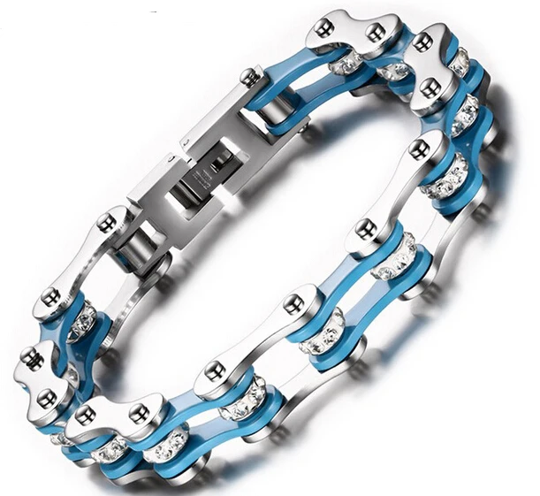 

Unisex Fashion blue silver Stainless steel Crystals drill Motorcycle Chain Design Biker bracelet Bicycle chain 10mm 8.66''