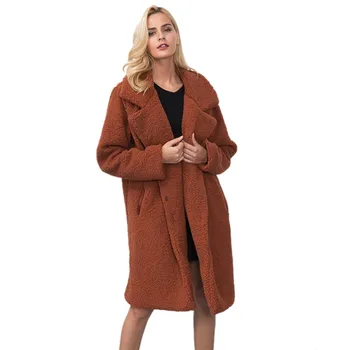 

Winter Faux Fur Midi-Length Coat Women Covered Button Warm Coats Turn-down Solid Color Lapel Fluffy Fur Loose Outerwear