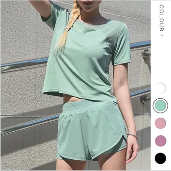 

2019 New Summer Mesh Yarn Stitching Loose Short Sleeved Yoga Suit Breathable Quick Drying Sports Fitness Shorts T-shirt Female