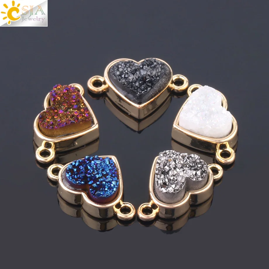 CSJA подвески в форме сердца Drusy Друза натуральный кристалл камень золотой цвет