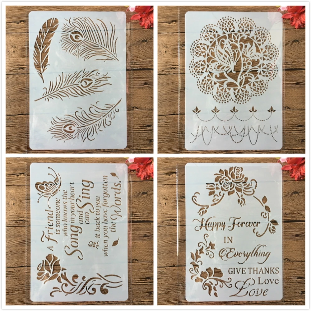 

4Pcs A4 Feather Butterfly Flower Words DIY Layering Stencils Painting Scrapbooking Stamping Embossing Album Card Template