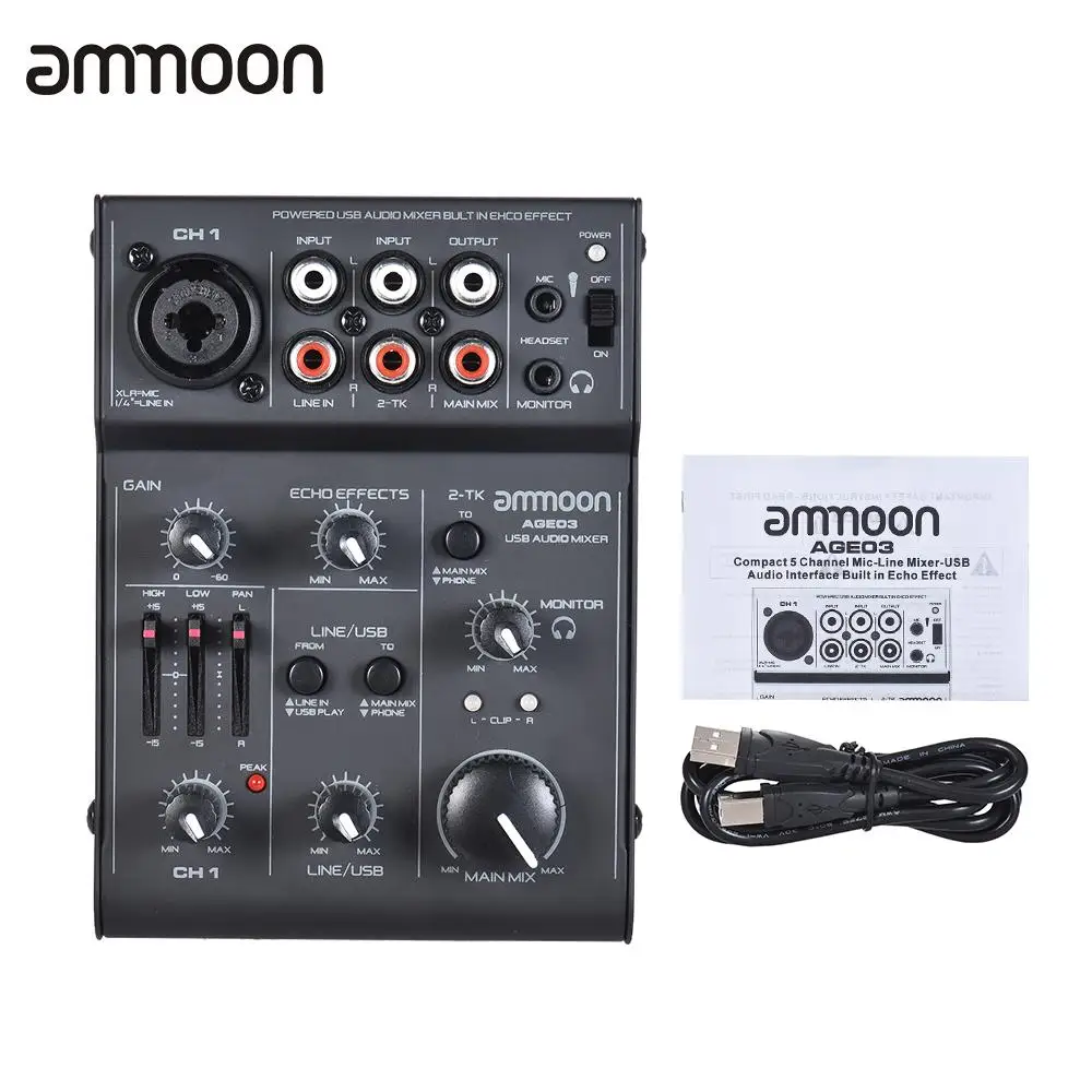 Новое поступление 5-канальный мини-микшер ammoon AGE03 с микрофоном и интерфейсом USB |