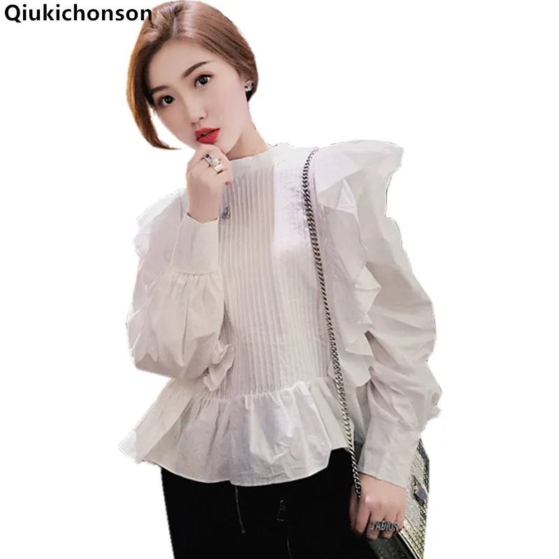 

Korean Fashion Women Ruffle Blouse Long Sleeve 2018 Spring Summer Lantern Sleeve Kawaii Babydoll Peplum Tops Ladies Shirts