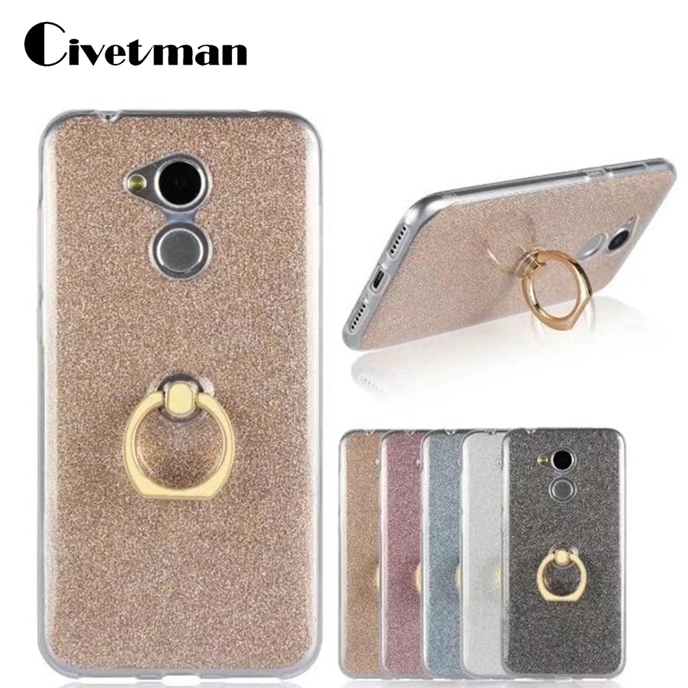 

Cover Cell Phone Case For Huawei Honor 6A 5.0" TPU Silicone Transparent Protection Shell Finger Ring Stent Flash Glitter Powder