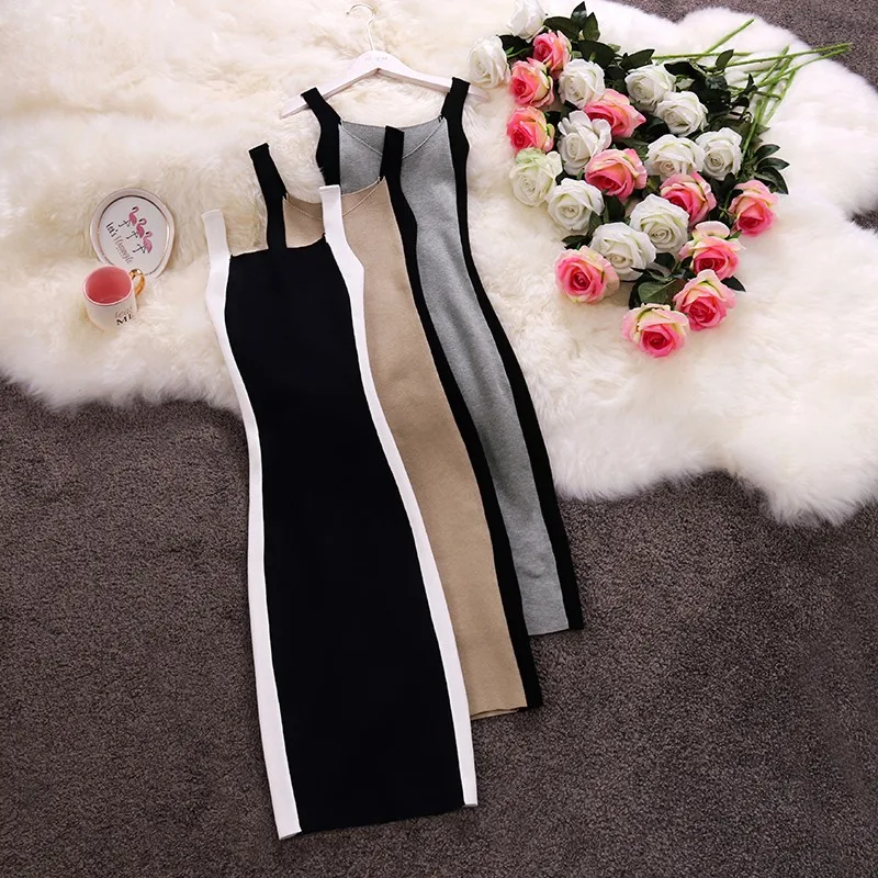 

HISUMA 2019 summer new women's strap V-neck color block sleeveless knit sheath dress female elegant sling slim sweater dresses