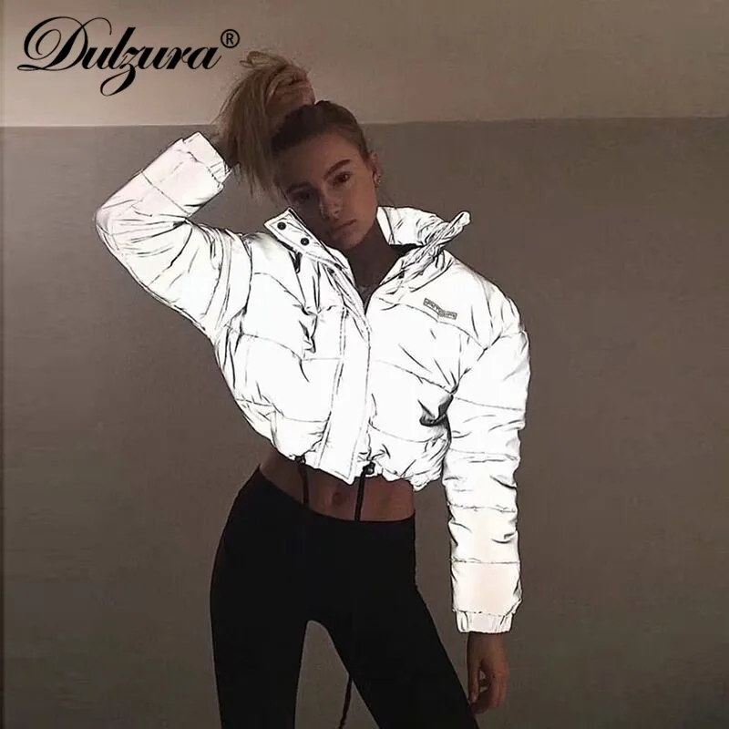 Preise Dulzura flash reflektierende frauen padded jacke kurze tops warme 2018 herbst winter solide zipper oversize lose outwear mäntel casual