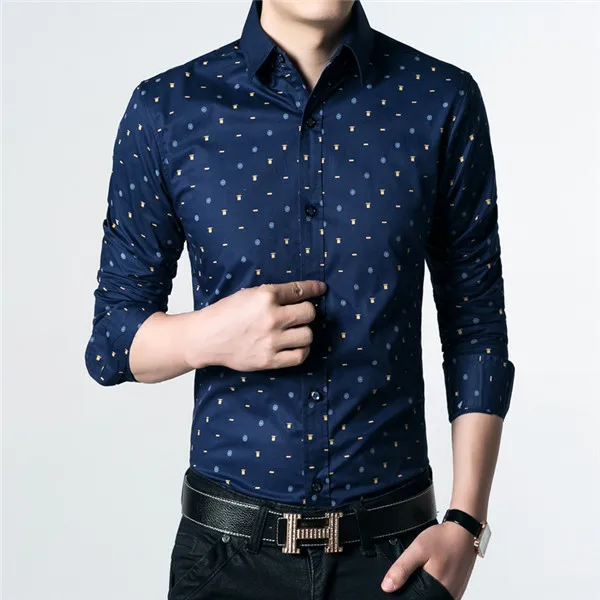Новая Осенняя мужская рубашка с длинными рукавами Модная Повседневная рубашка с принтом в ассортименте Высококачественная приталенная брендовая одежда размера плюс 5XL M538 - Цвет: Navy