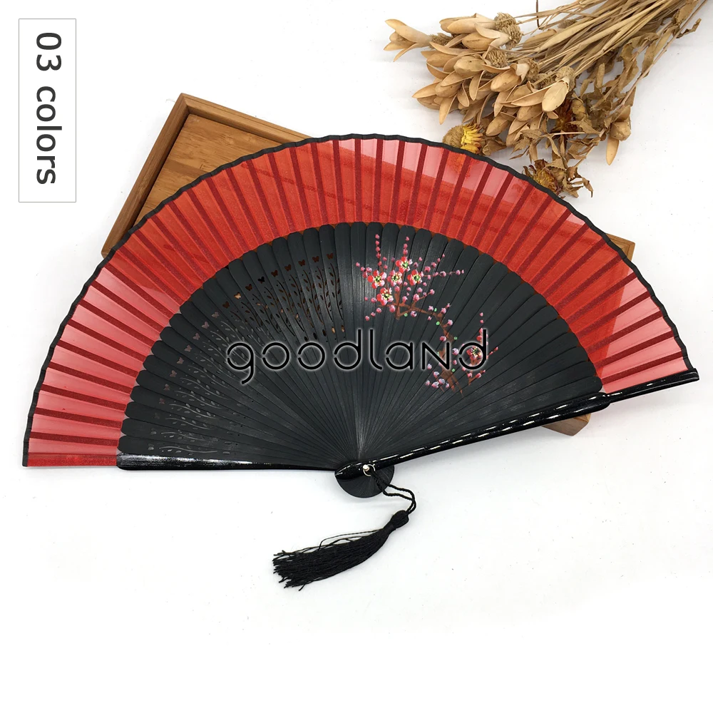  Wholesale Free Shipping 50pcs Bamboo & Raw Silk Fan Hollow Out Wintersweet Floral Red Hand Folding  - 32846004744