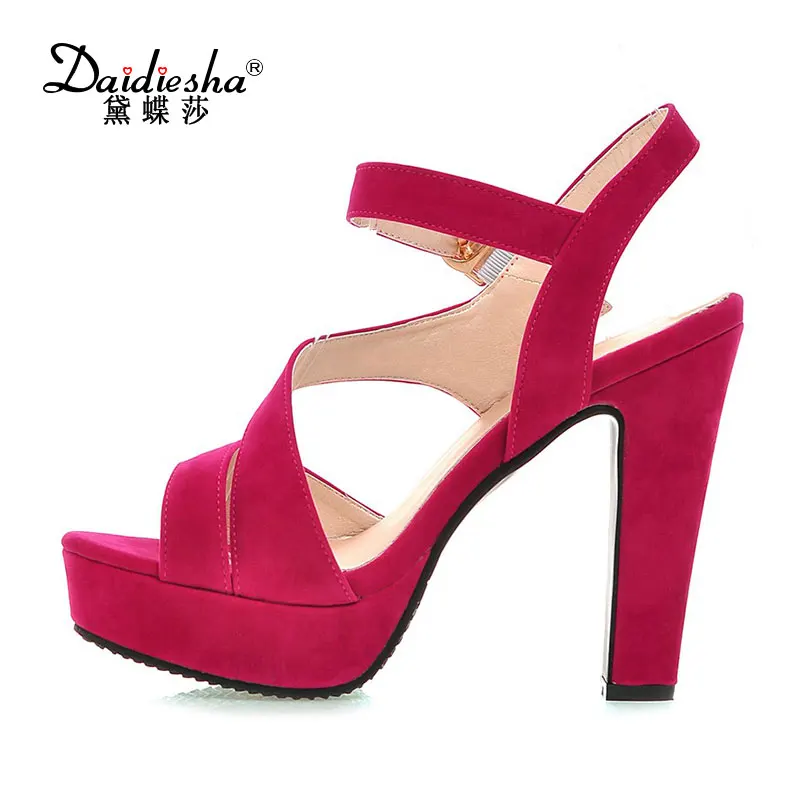 

Daidiesha 2017 Summer Women Sandals Flock Solid Narrow Band Spike Heel Ankle Strap Super High Heels Platform Women Shoes Club