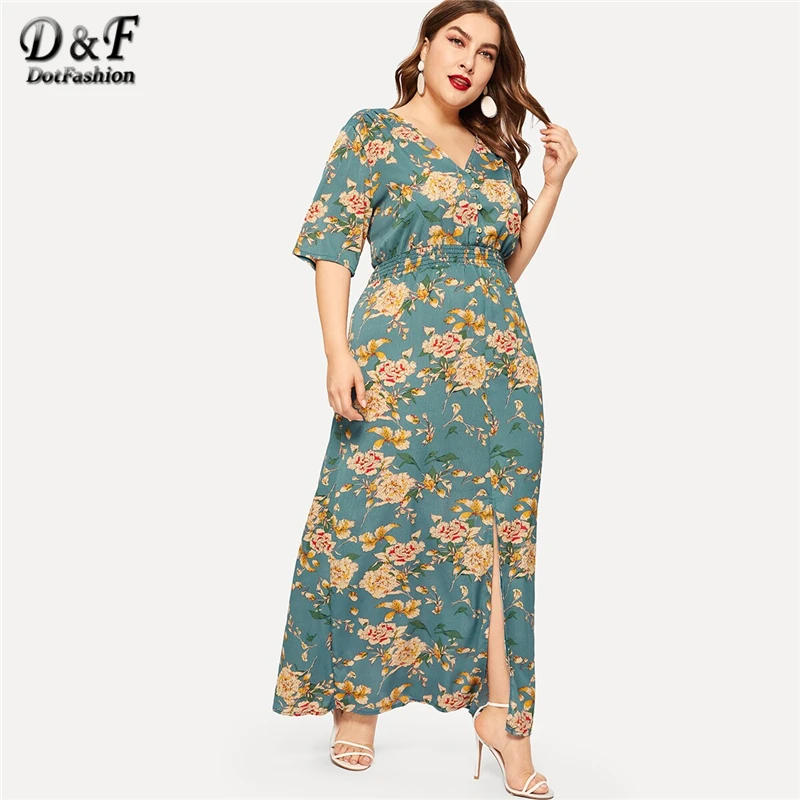 

Dotfashion Plus Size Green Floral Print Split Dress Women 2019 Boho Summer V Neck Half Sleeve A Line High Waist Maxi Dresses