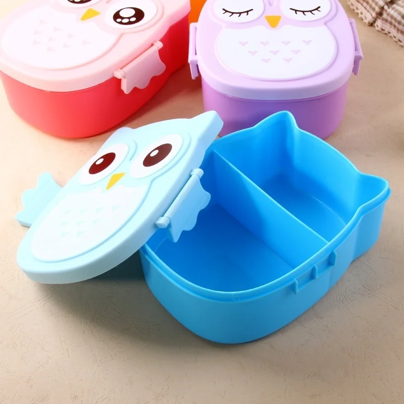 1Pcs Portble Plastic Kids Cute Owl Food Container Lunch Box PP Food Storage Box Portable Purple Pink and Blue 15.5x14x6.6cm