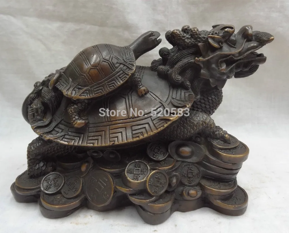 

9" Chinese Bronze Wealth YuanBao Coin Longevity Dragon Turtle Statue Sculpture