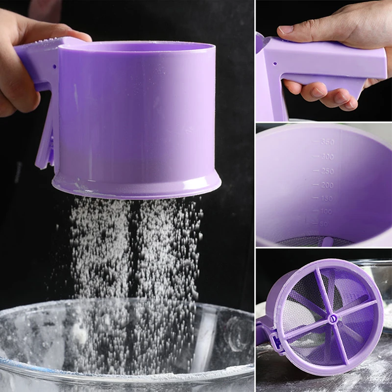 

Flour Plastic Sifter Cup Shape Mechanical Powder Sifter Baking Icing Sugar Shaker With Handle Manual Baking Tools