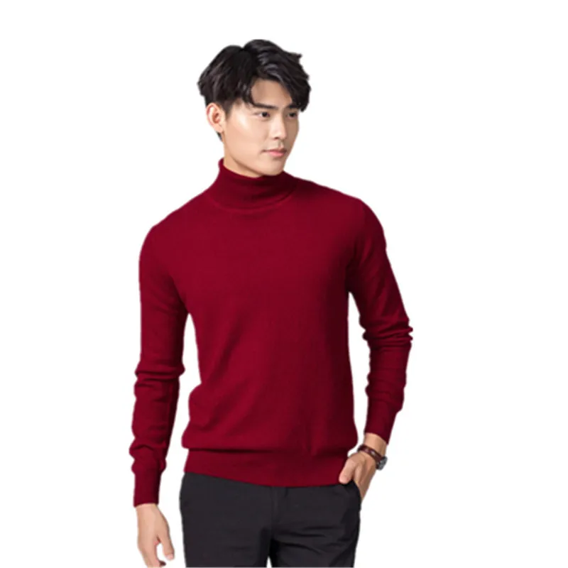 Новое поступление, мужские свитера с высоким воротом, Пуловеры на осень и зиму, плотный однотонный вязаный свитер размера плюс, тонкий свитер - Цвет: Red