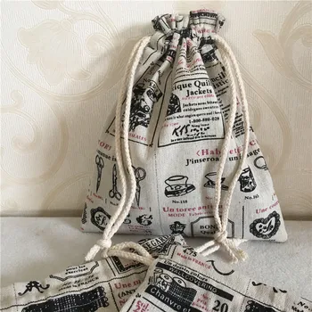 

YILE Cotton Linen Drawstring Multi-purpose Organizer Bag Party Gift Bag Illustrated English Newspaper N8502-2