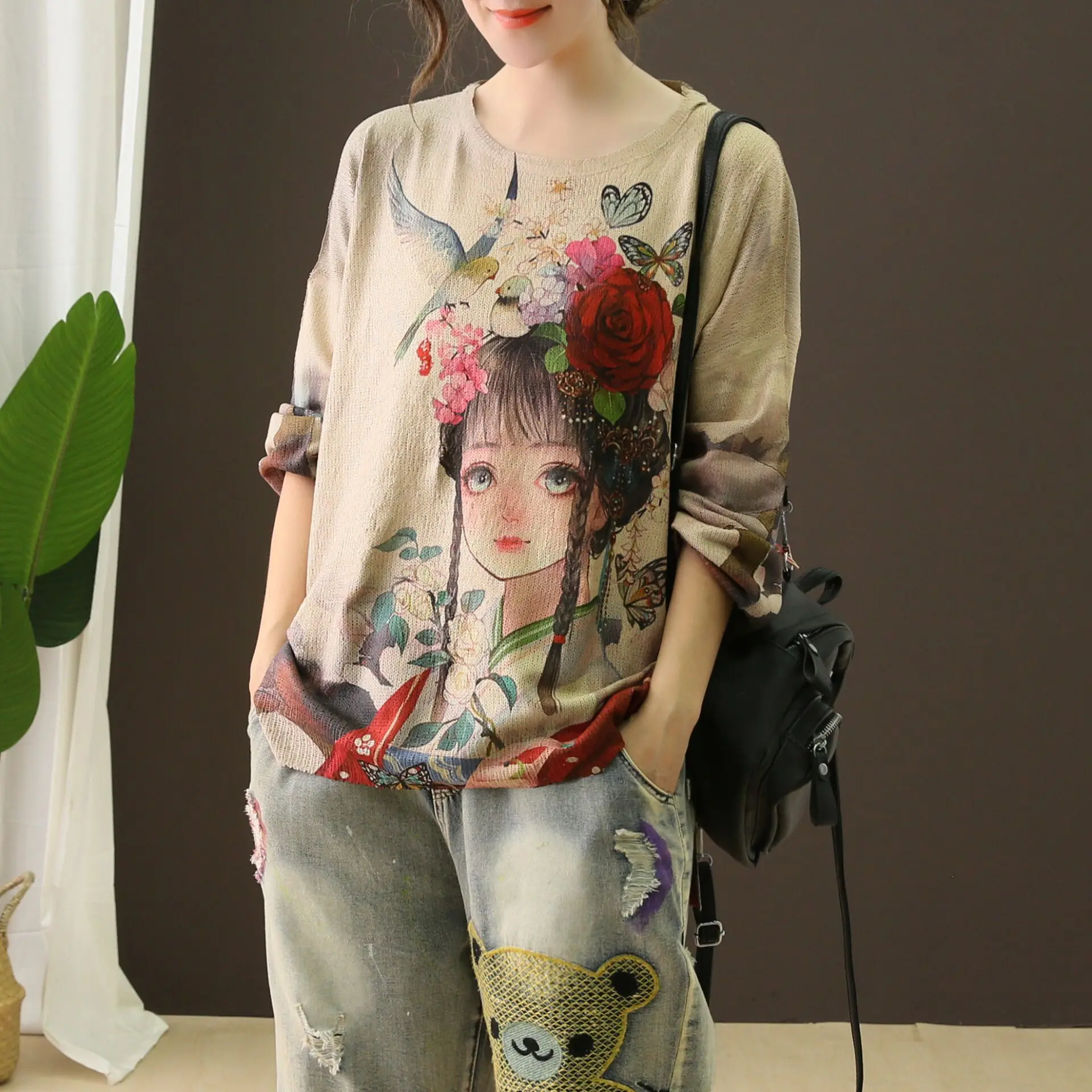

QPFJQD Spring Autumn Cotton Sweater Women Loose Printed Pattern Pullovers Tops Female Back Hole Streetwear Blended Knit Sweaters