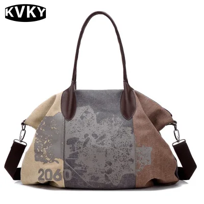 

New retro stitching color ladies canvas bag shoulder fashion printing handbag Messenger bag