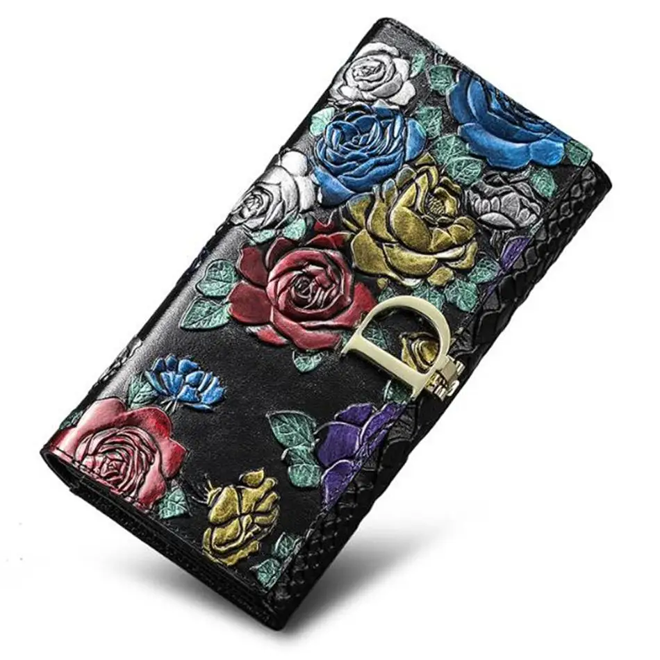 

Luxury Brand Genuine Leather Wallet Ladies Causal Rose Flower Ladies Wallets Coin Purse Female Clutch 3 Fold Cowhide Long Wallet