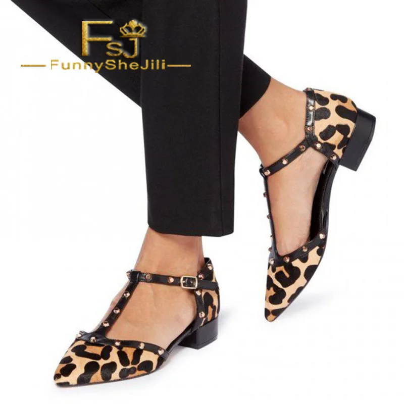 Women's Leopard Print Heels Chunky Heels T Strap Pumps with Rivets