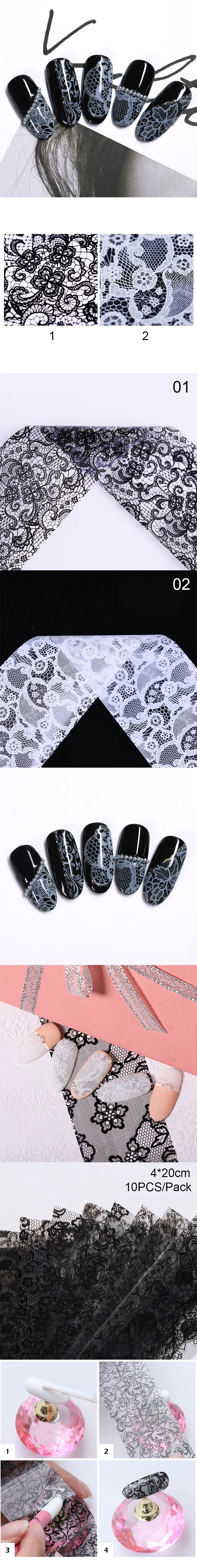 10 шт. черно-белая кружевная Фольга для ногтей Наклейка с цветком узор дизайн переводные наклейки с лак для ногтей украшения для ногтей