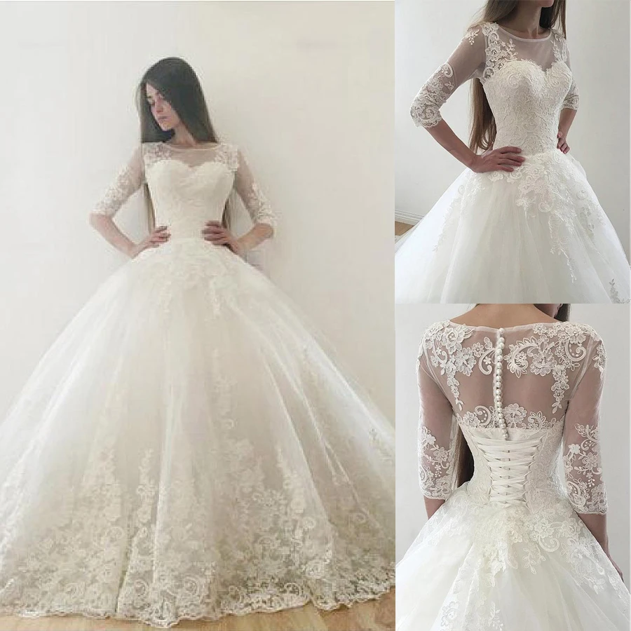 Appliques Half Sleeves Bridal Gown Vintage Tulle Bateau Neckline ...