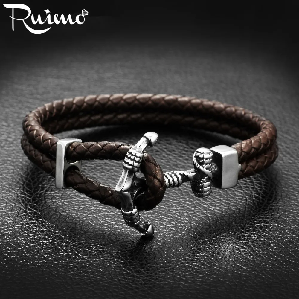 Мужской браслет с якорем RUIMO из нержавеющей стали Паракорд для выживания кожаный