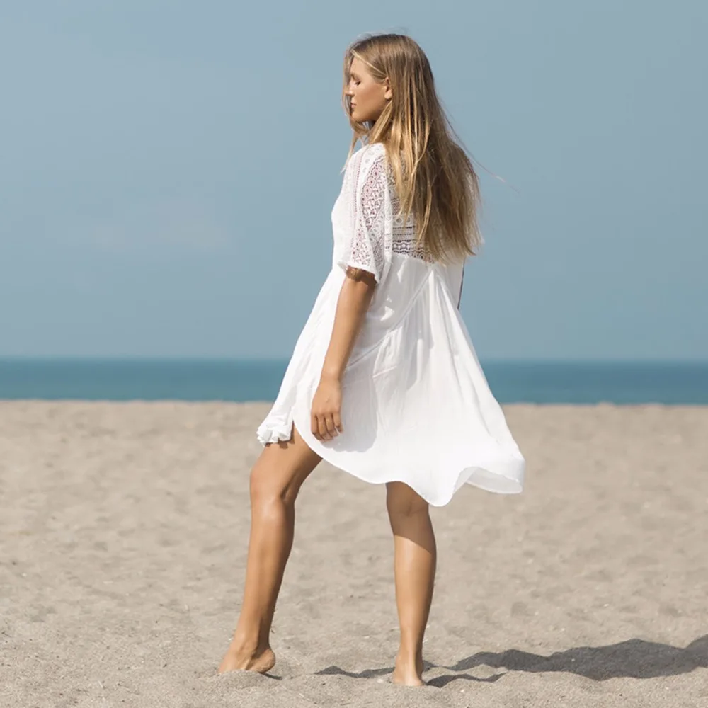 Casual White shirt For Women V Neck A-Line Lace KimonoPatchwork Short Summer BeachCover Up Swimwear Output Ladies Saida De Praia Blouses