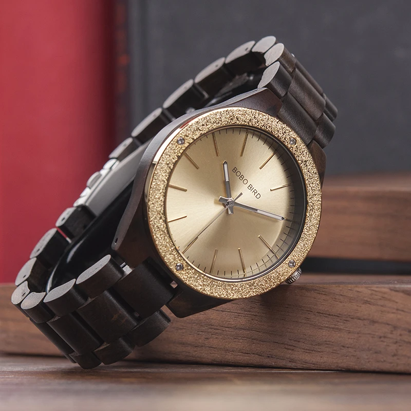 BOBO BIRD Stylish Wood Timepiece Men Quartz Watch Golden Dial mannenmode