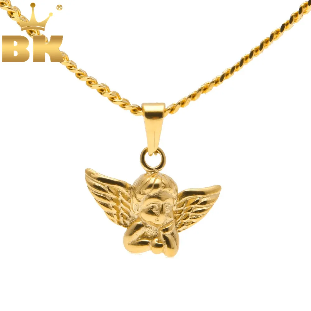 Tiny Angel Baby Necklace Charm Gold Color Cuban Chain Stainless Steel