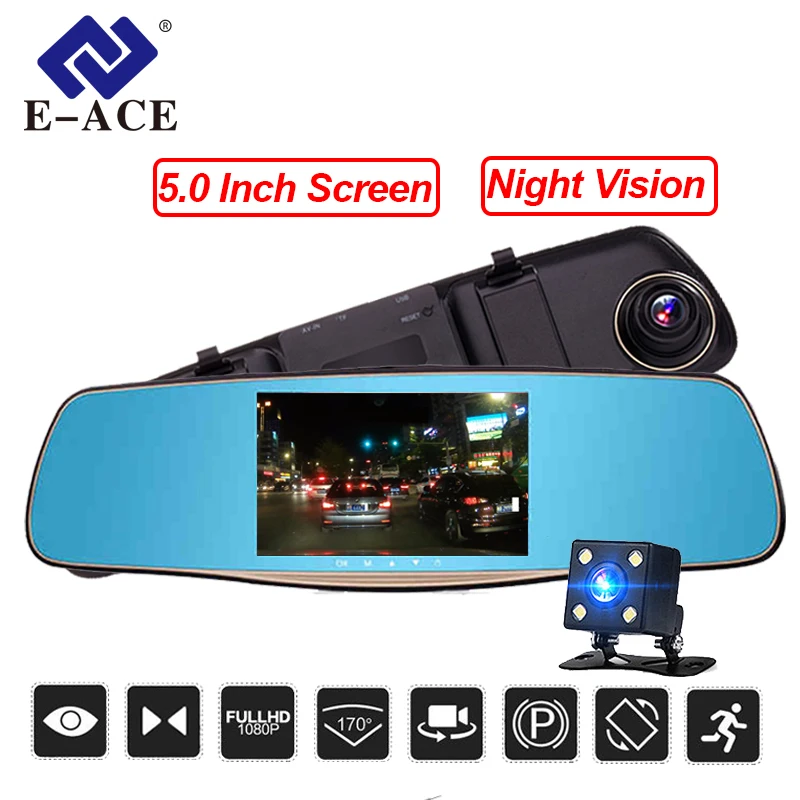 Goede E ACE Auto DVR Camera 5.0 inch Full HD 1080 p Nachtzicht Auto Registrator Dual Lens Achteruitkijkspiegel Video Recorder dash Cam