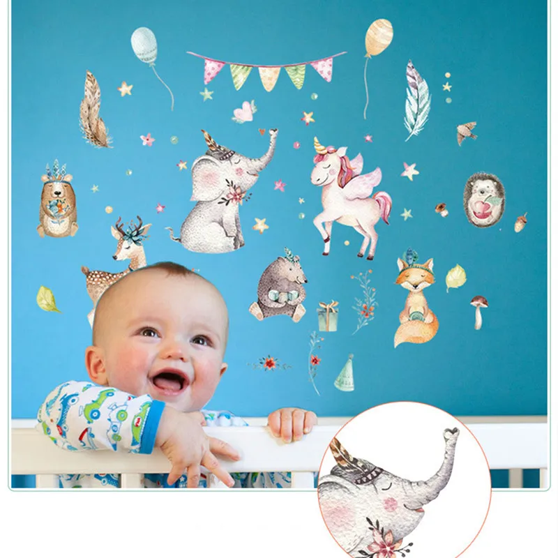 

Cartoon Watercolor Unicorn Wall Sticker Elephant Deer Balloon Feather kids Room Bedroom Cabinet Childlike Decorative Wallpaper