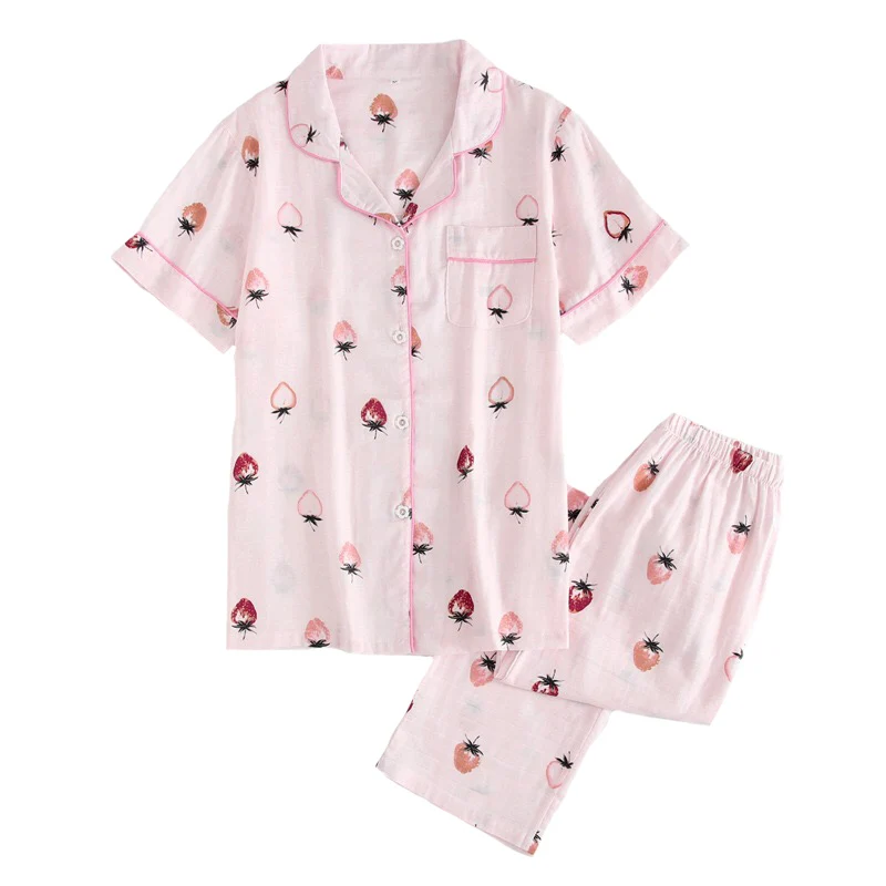 

2019 Spring New Women 100%Gauze Cotton Pajamas Set Strawberry Printed 2Piece Set Short Sleeve+Long Pants Turn-down Neck Homewear