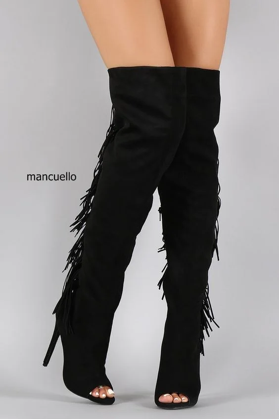 Women Tassel Knee Boot Black Suede Stiletto Heel Knee High Boots Chic