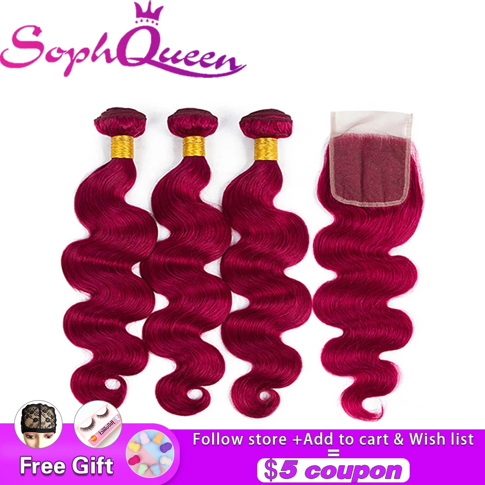 

Soph Queen Hair Body Wave Indian Hair Bundles With Closure Pre-Colored #Bug Human Hair Bundles With Closure Remy Hair Extensions