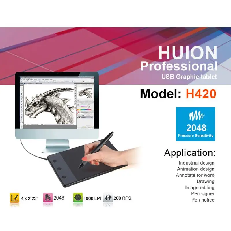 Huion 420 4-дюймовый цифровой Планшеты записи искусство рисования Графика планшет доска электромагнитный 4000 LPI уровней 0,35 W+ Цифровая ручка