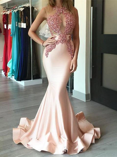 

Sexy Mermaid Evening Dresses Long 2019 Sheer See Through Bust Bead Lace Applique Prom Ball Dress Cheap Cocktail Party Sweet Gown