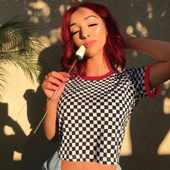 

2019 Summer Women T-shirt Fashion Black And White Checkerboard Check Print Short-sleeved T-shirt Women O-Neck Slim Sexy Top