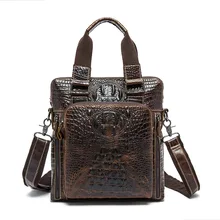 Fashion Business Genuine Leather Men Shoulder Bags Crocodile Embossed Leather Upright Brown Zipper Closure Men Handbags